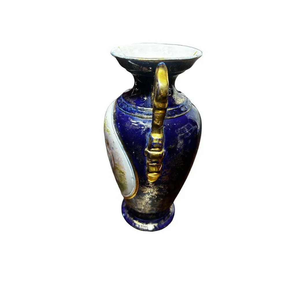 Antique Kaufmann Portrait Vase Cobalt Blue Victoria Austria Porcelain Signed